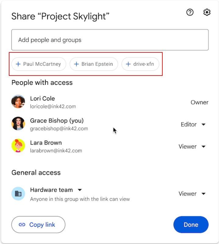 Google Drive sharing dialog box with red box around new suggested users to share with
