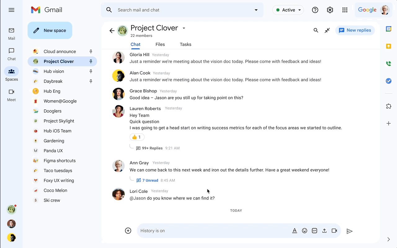 User opens new in-line thread in Google Chat and views the thread content