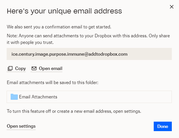 Dropbox notification confirming your unique email address has been created