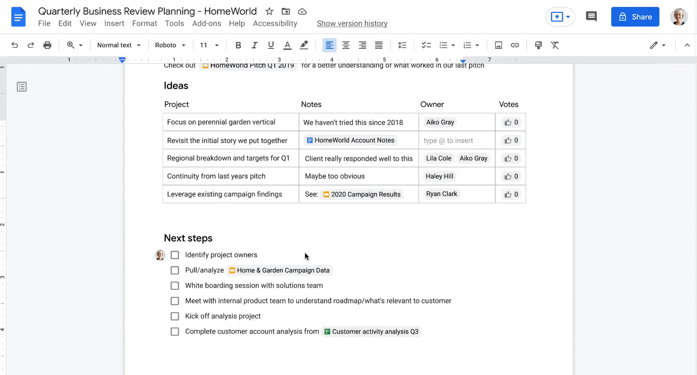 Animated GIF. User is adding "smart chips" in a table in Google Docs and then checking off boxes in a checklist in the doc