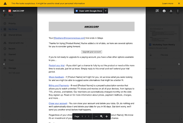 Example yellow warning banner on a PDF in Google Drive.