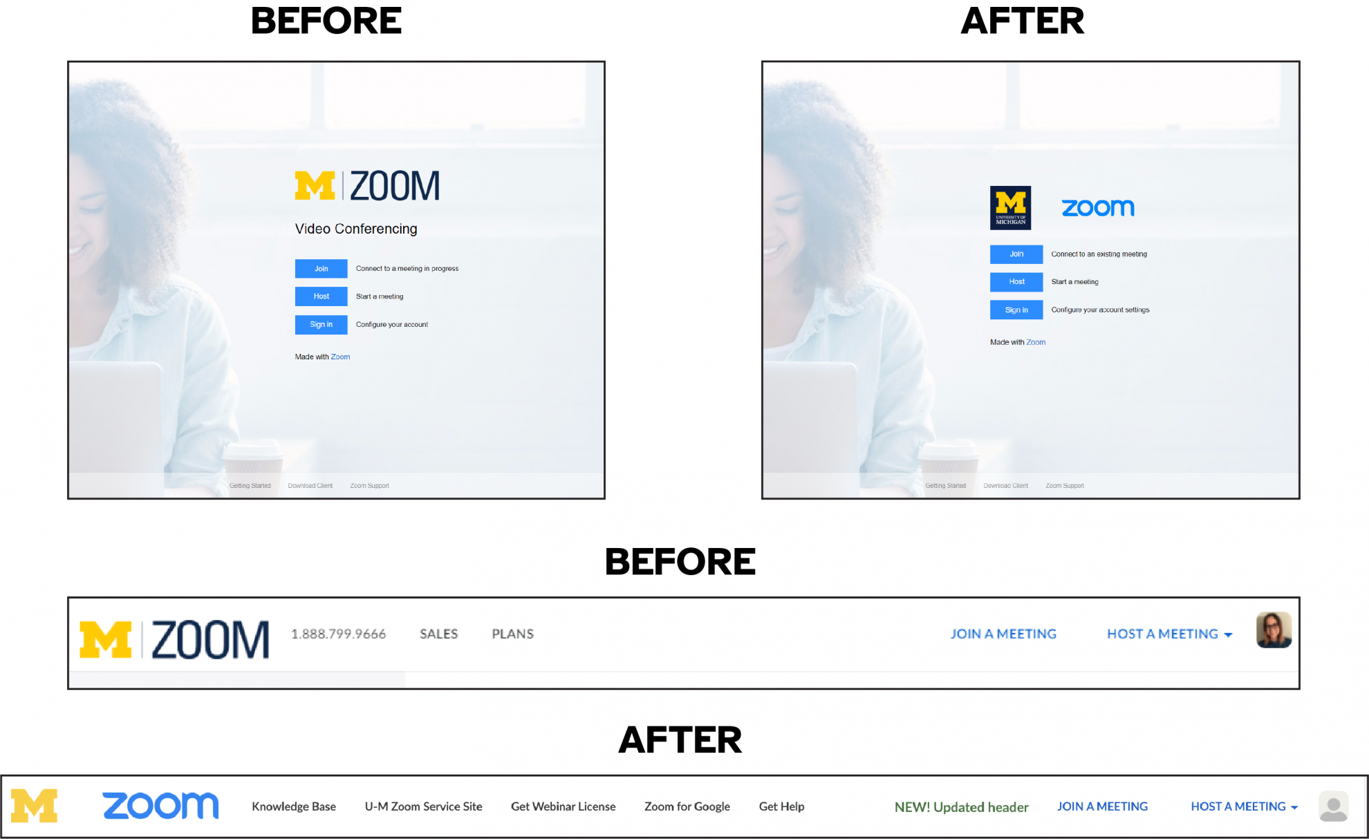 Simple before-and-after graphic, white background, top left shows before changes to U-M Zoom landing page, top right shows after. Bottom half has before and after pictures of U-M Zoom header