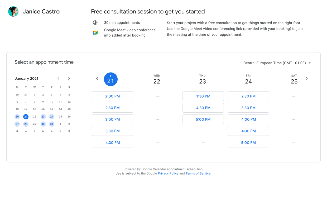 Example of a Google Calendar appointment scheduling page.