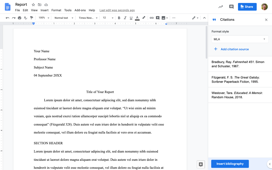 Google Doc showing an essay with the title "Report"; on the right side, there is the Citations menu where you can select a Format style and Add citation sources