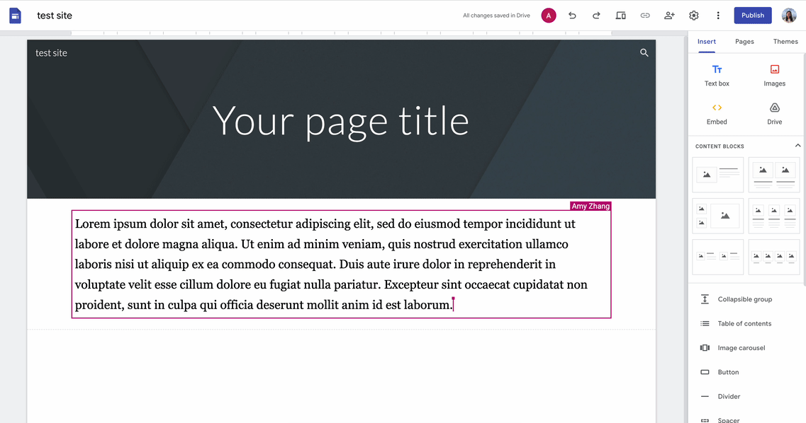 Editor is seen typing and highlighting text in a text box in Google Sites, illustrating the new real-time collaboration features in Sites