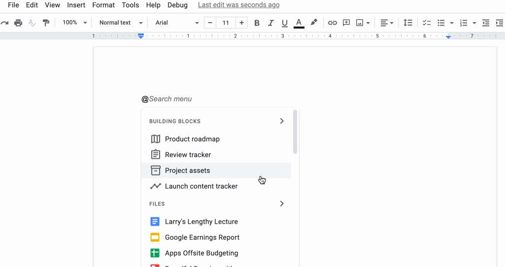 User types the at symbol in Google Docs and selects a table template from the dropdown list under Building Blocks. The user also click the Insert menu from the menu bar and selects a table template to begin editing