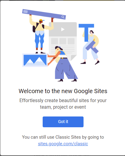 Screenshot of the notification you receive when you go to sites.google.com for the first time