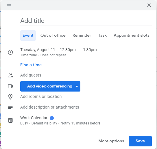 Screenshot of new dialog box when creating a Google Calendar event.