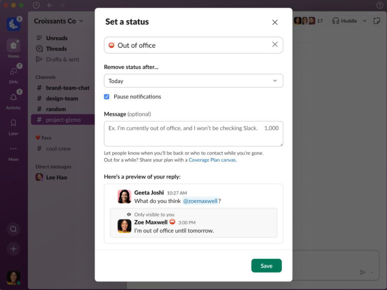 Slack "Set a status" settings showing new out of office status and auto-reply message option
