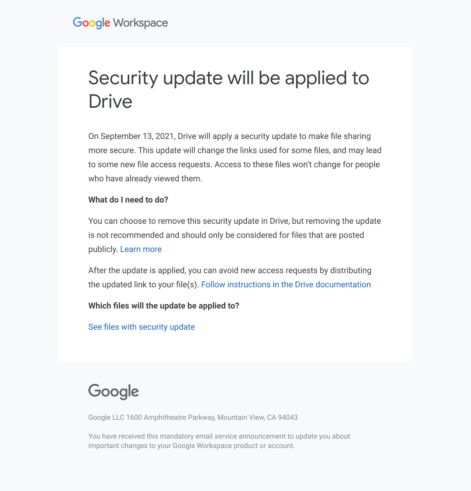  "Security update will be applied to Drive" email screenshot