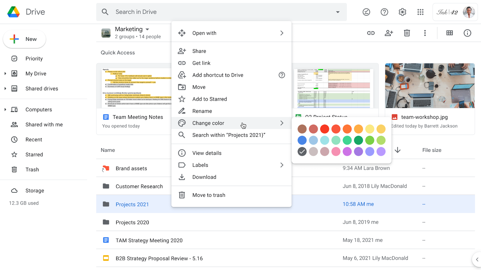 Google Drive shared drive page, folder drop-down menu is visible, cursor hovers over "Change color" option which shows available colors to choose from.