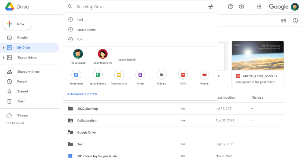 Animated GIF of a cursor clicking through the new search chips filters in a Google Drive search