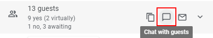 Guest section on a Google Calendar event, red box around new "Chat with guests" icon.