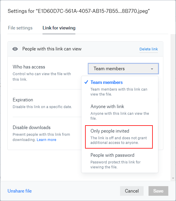 Dropbox shared link settings, link for viewing tab is open, who has access drop-down menu displays that Team members is selected. Red box around Only people invited option.