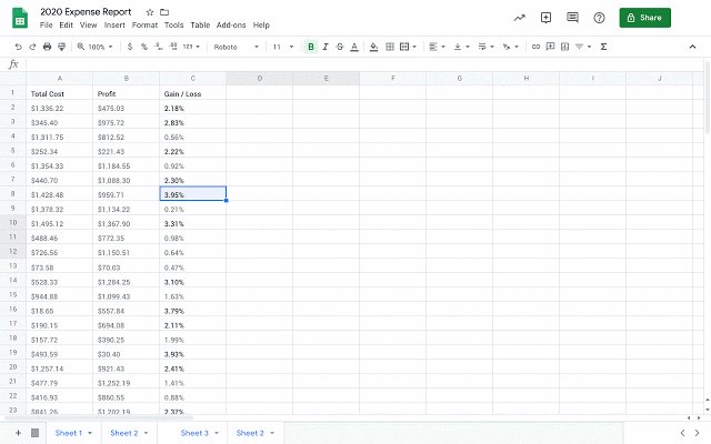 GIF showing how to view the edit history of a cell in Google Sheets