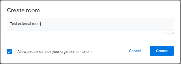 Screenshot of creating a room in Google Chat and designating it as External