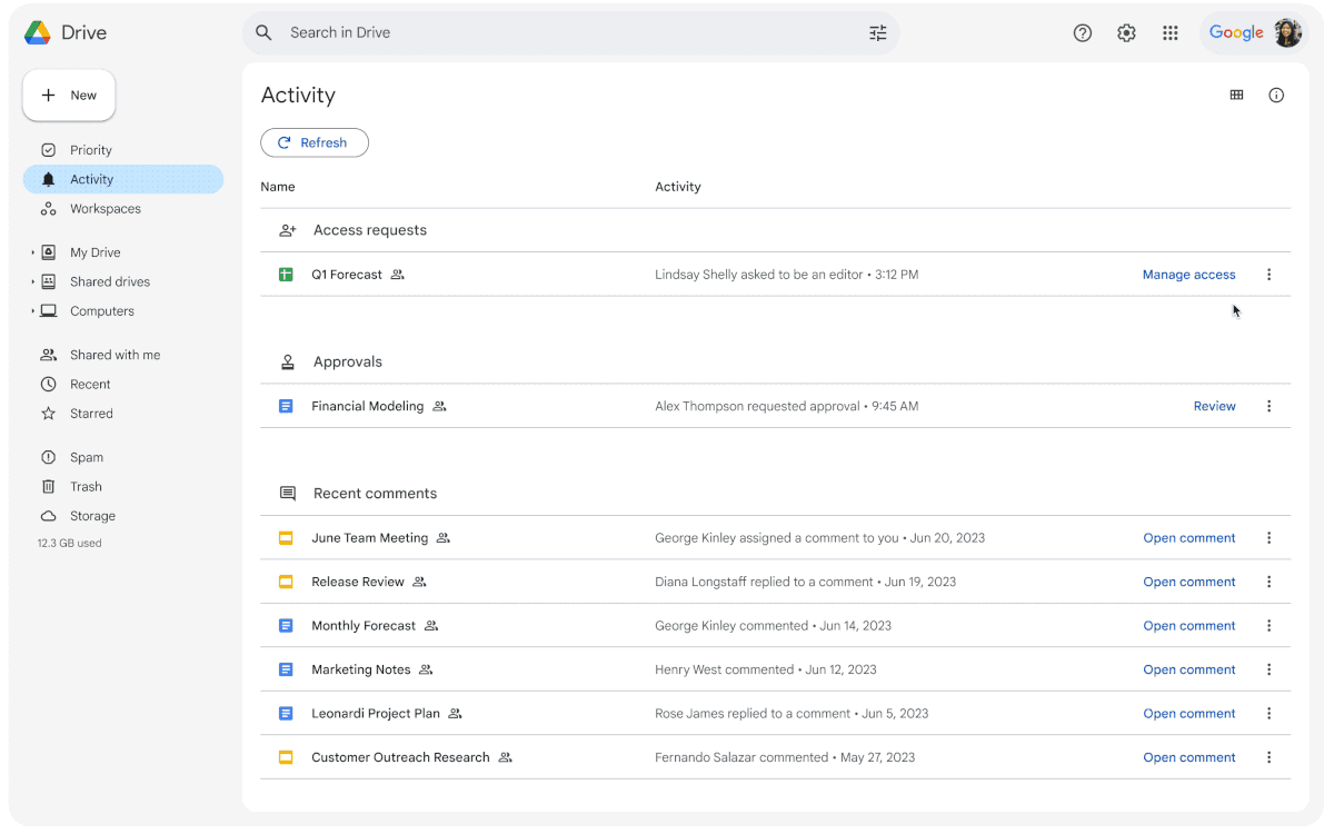 New Google Drive Activity page, user selecting Manage access on one file listed on the page