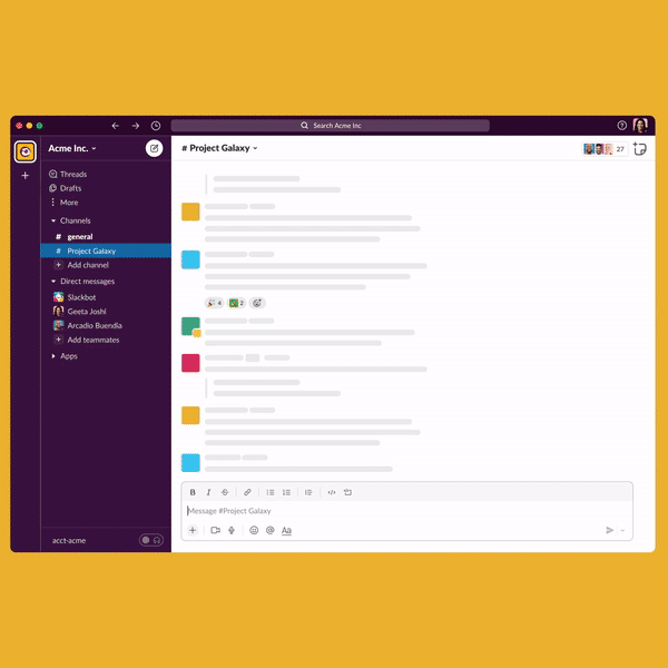 Example of a user clicking to create a new canvas in Slack, then proceeds to scroll down and add content like headers, checklists, videos, and workflows.