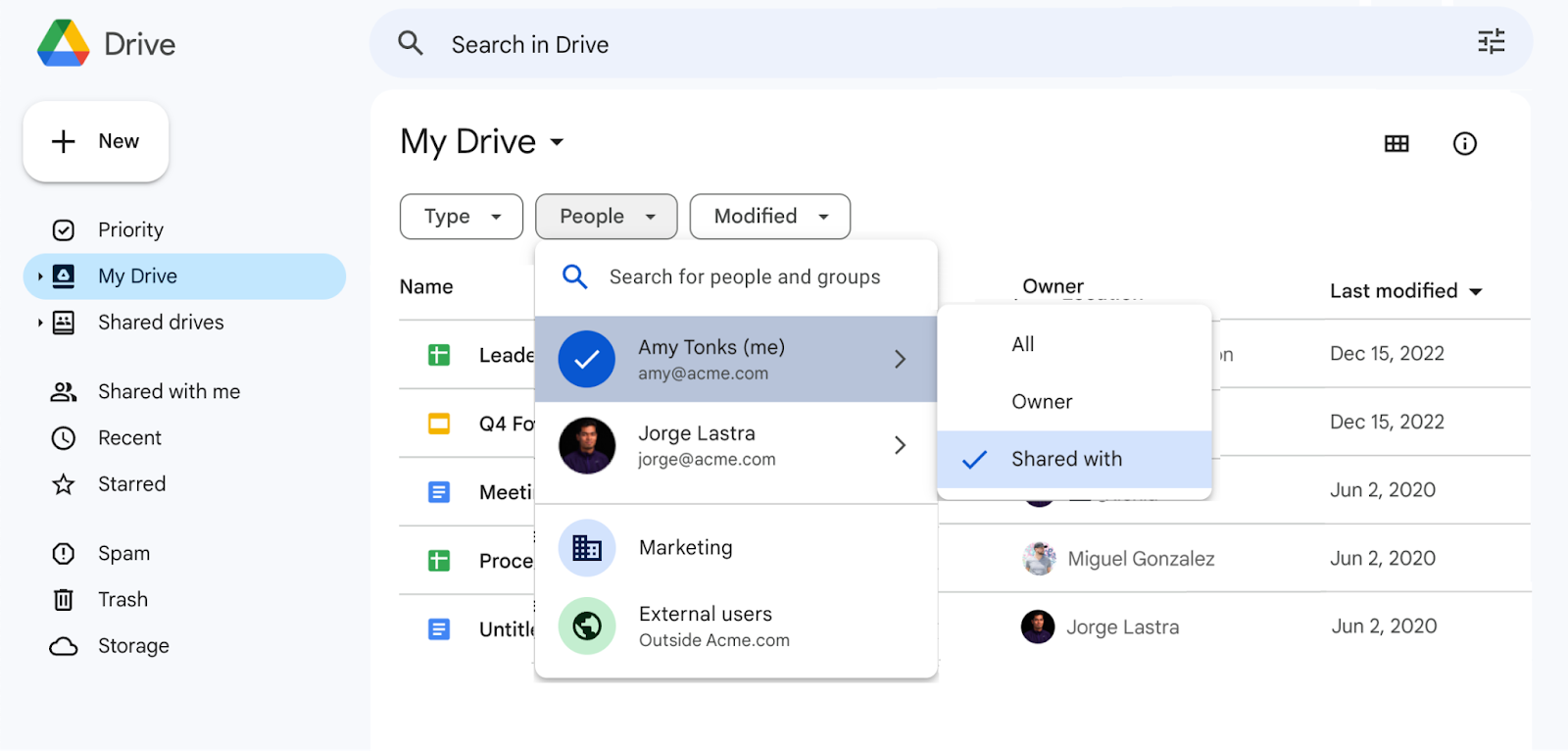 Google My Drive view with the new People filter selected at the top, showing example people listed