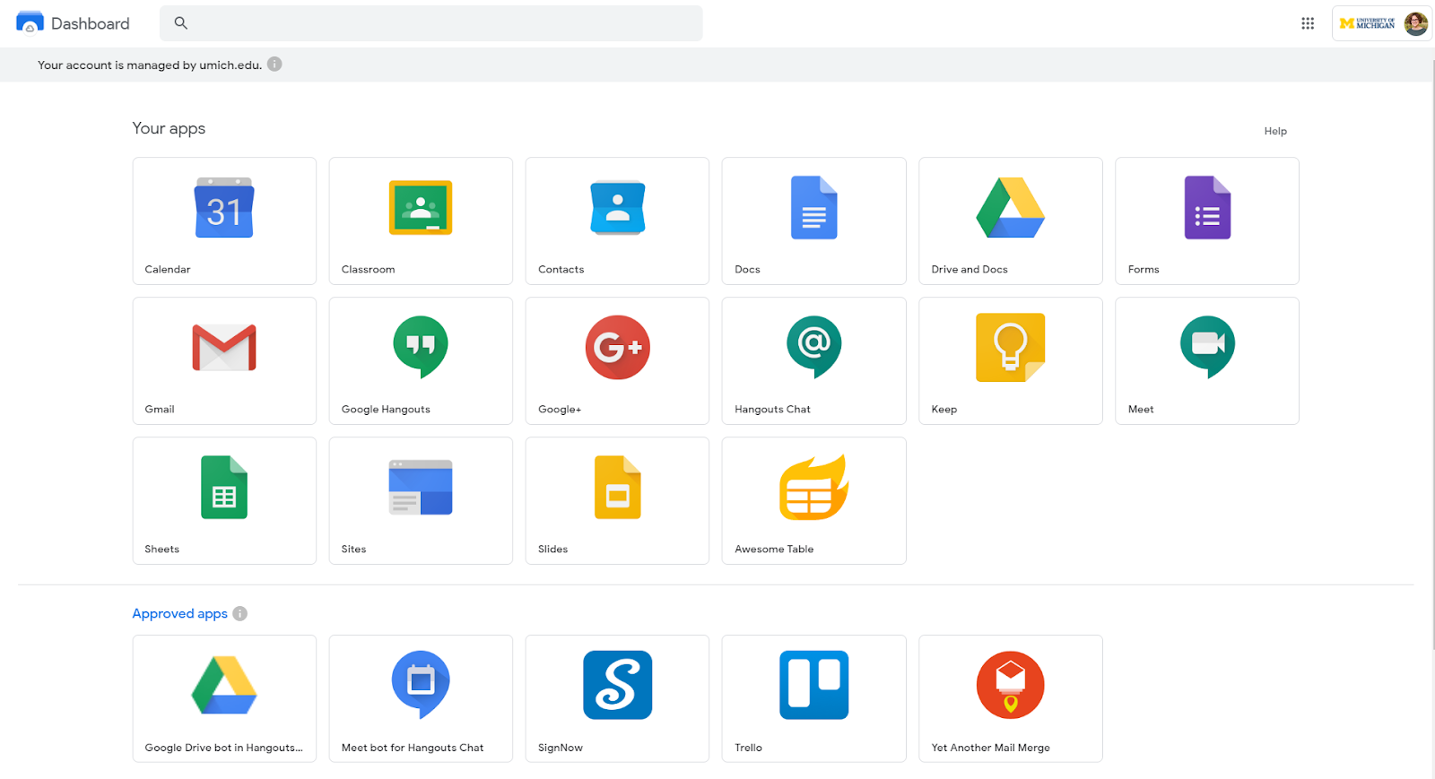 Screenshot of the new U-M Google G Suite App Dashboard