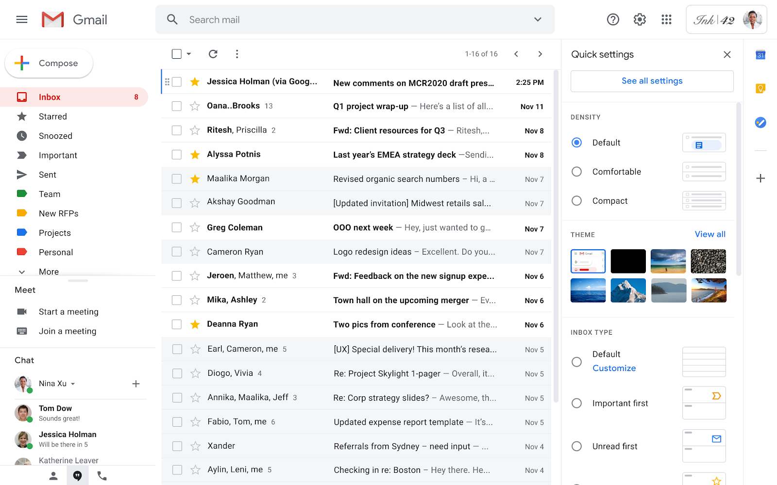 Screenshot of the Gmail inbox with the new quick layout settings menu located to the right side of the screen.