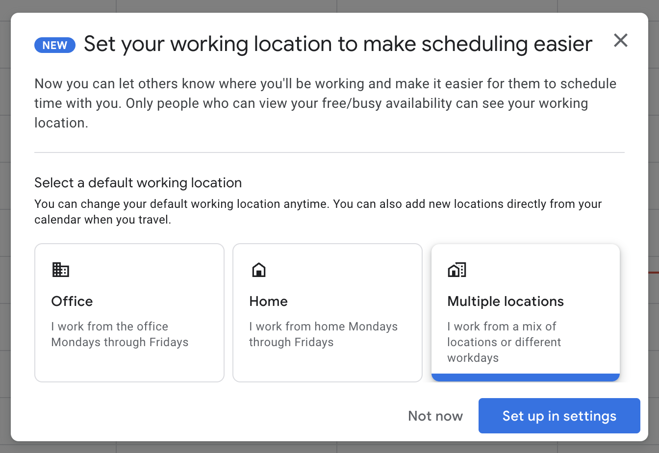 New set your working location onboarding dialog box in Google Calendar