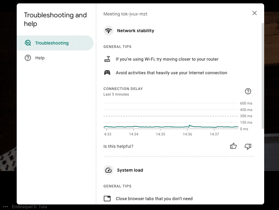  Shows a mouse clicking through and hovering over various pieces of the new "Troubleshooting and help" menu for Google Meet.