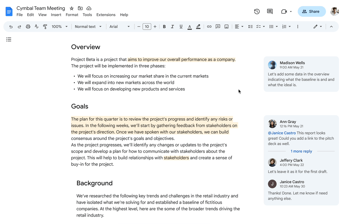 Google Doc where comments have been made by collaborators. Someone is viewing the comments and using the new minimize comments feature