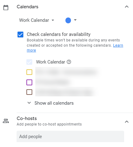 Calendar option to Check calendars for availability (checked) with note "Bookable times won't be available during any events created or accepted on the following calendars" and a link to learn more. Also shows the new co-hosts section at the bottom of the image.