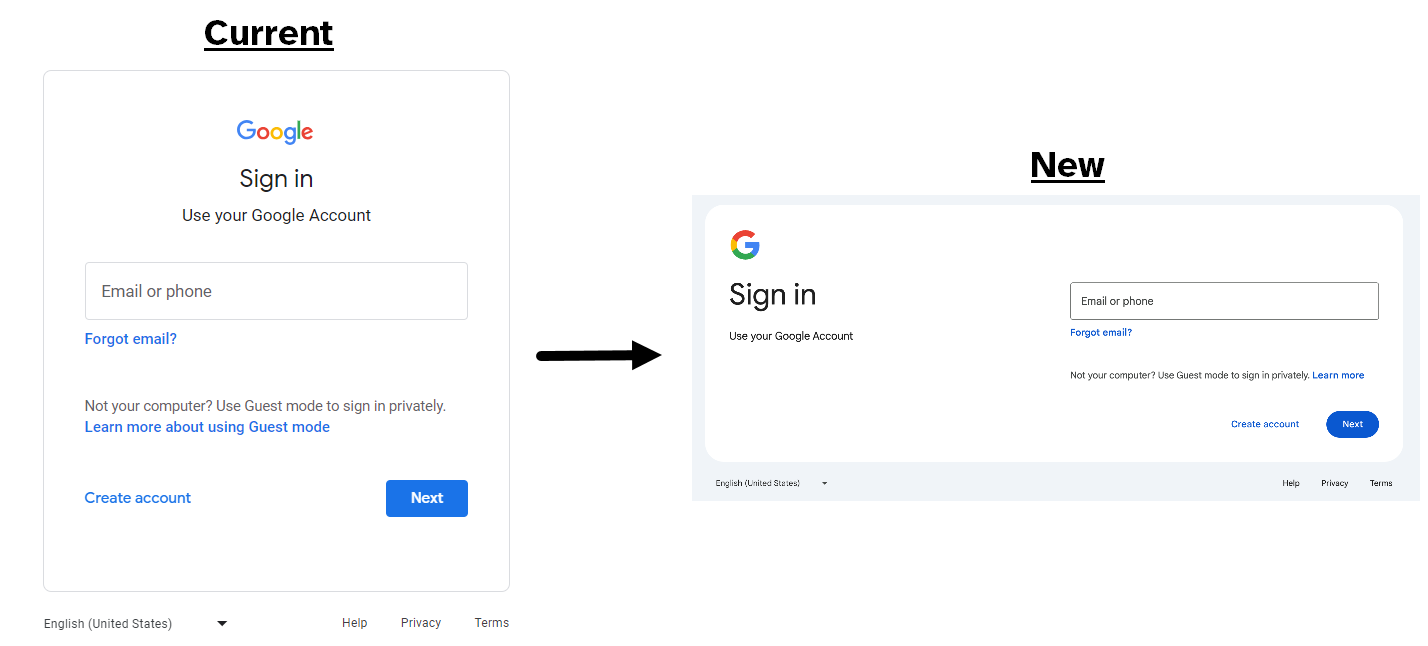 Graphic comparing the current version of the Google sign-in page on the left side and an arrow pointing to the new version of the sign-in page on the right side.