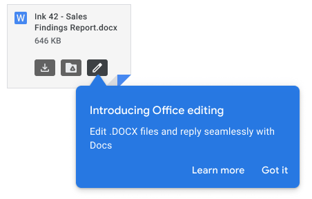 Screenshot of a Microsoft Word Doc attached to an email in Gmail with a blue pop-up notification introducing Office editing.