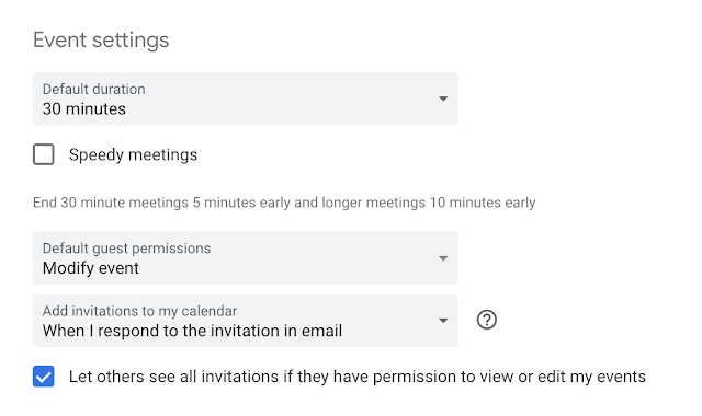 New event settings in Google Calendar