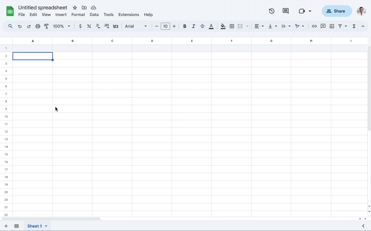 Blank Google Sheets spreadsheet where someone is typing the @ symbol into a cell and selecting a preset drop-down chip