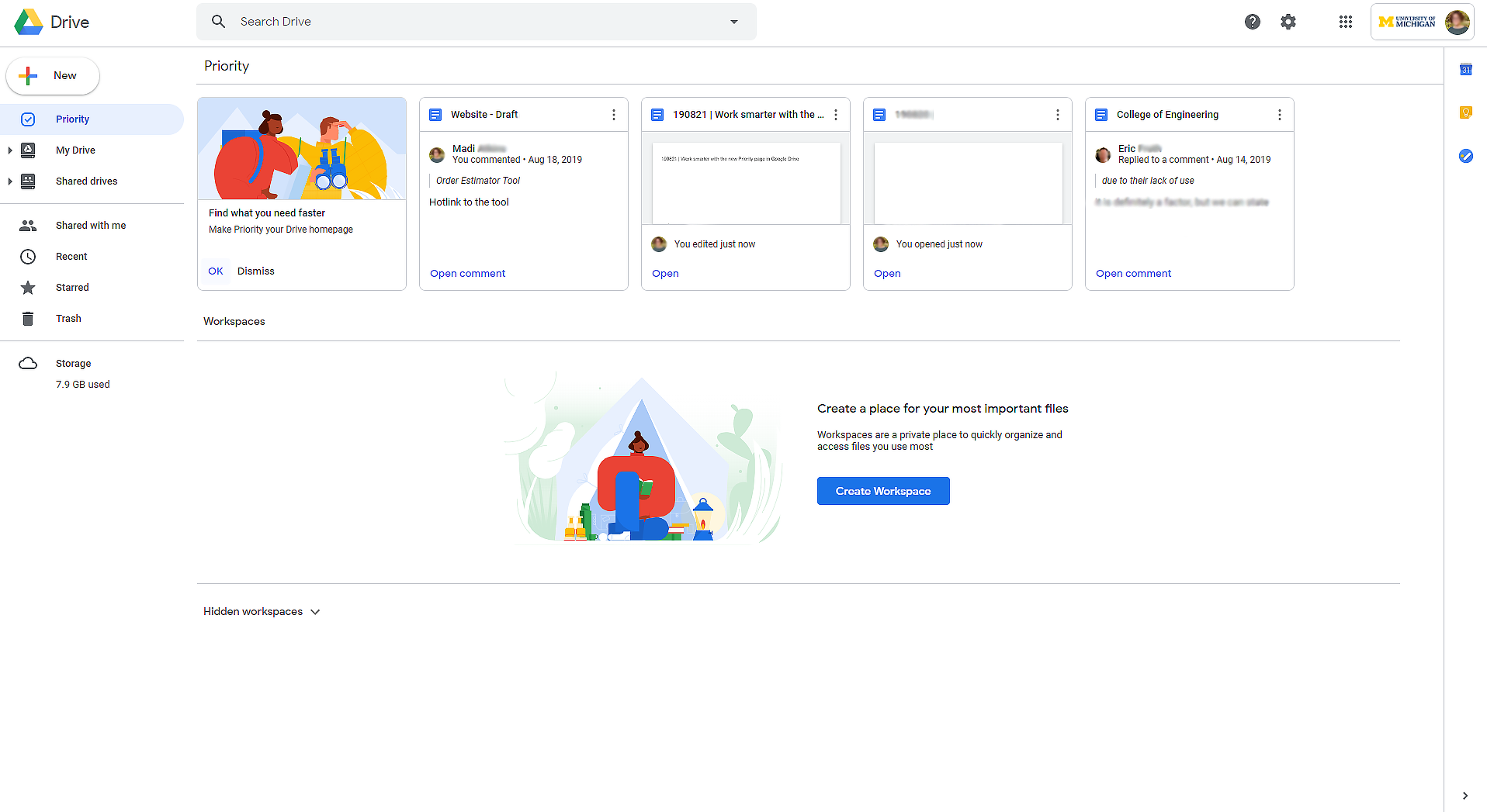 Screenshot of the new Priority dashboard in Google Drive.