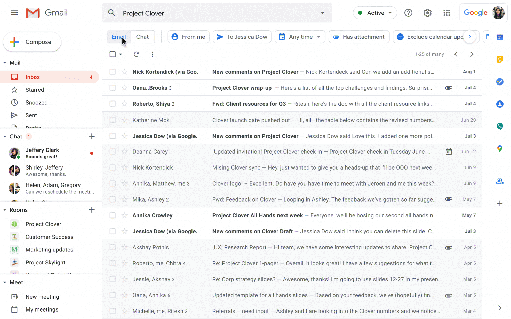 GIF of the new Gmail interface. A cursor is clicking back and forth on the Email and Chat views after searching for "Project Clover"