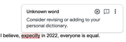 Misspelled word highlighted in red with new pop-up stating it's an unknown word