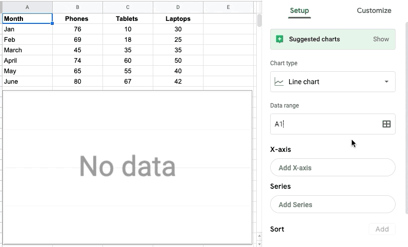 GIF of Google Sheets, setting custom table ranges for charts