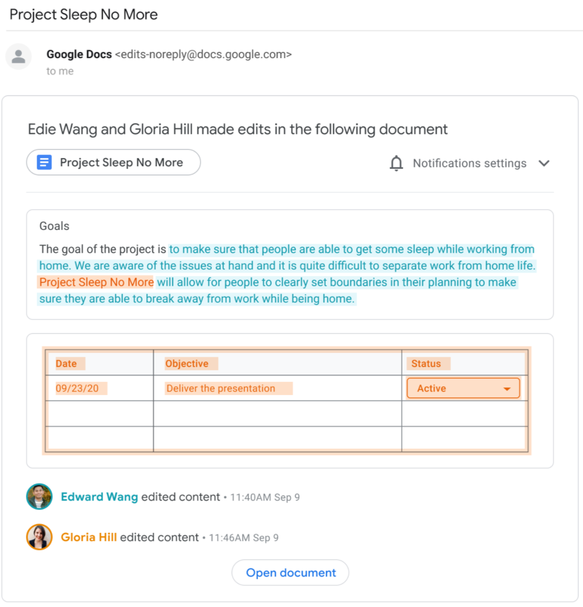 Example notification email for Google Docs edits