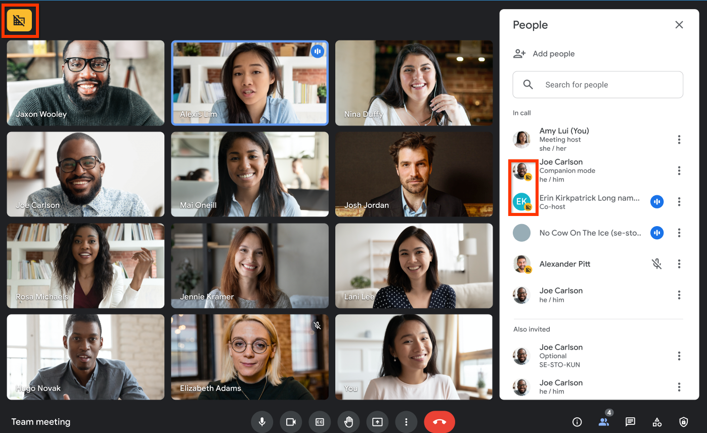 Google Meet video call with red boxes around the new external participant icon in the top left corner and around the two participants under the People tab who have the icon next to their profile picture because they are external