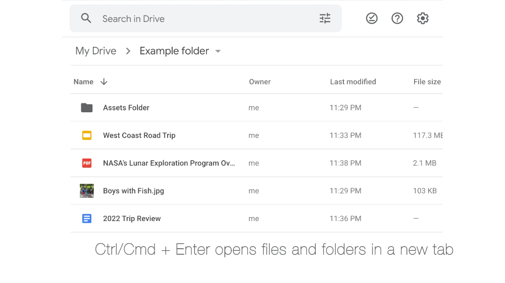 Multiple examples of using keyboard shortcuts like Ctrl + C to cut, copy, and paste files in Google Drive