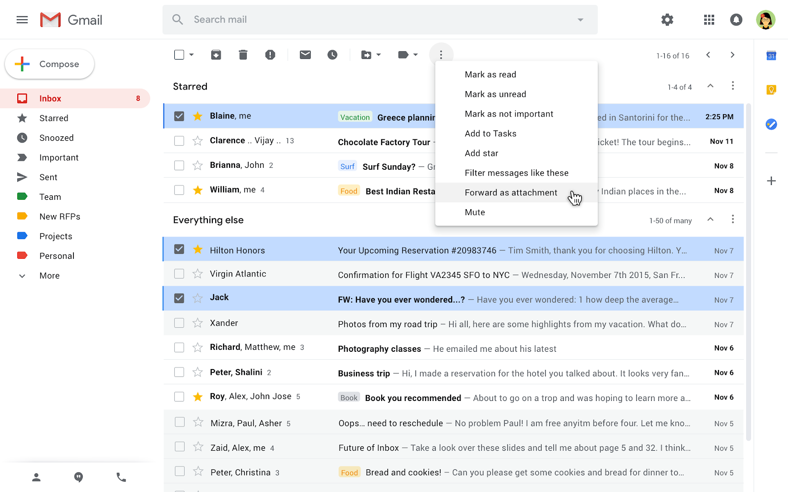 Screenshot of how to add email to an email via "Forward as Attachment" feature in Gmail