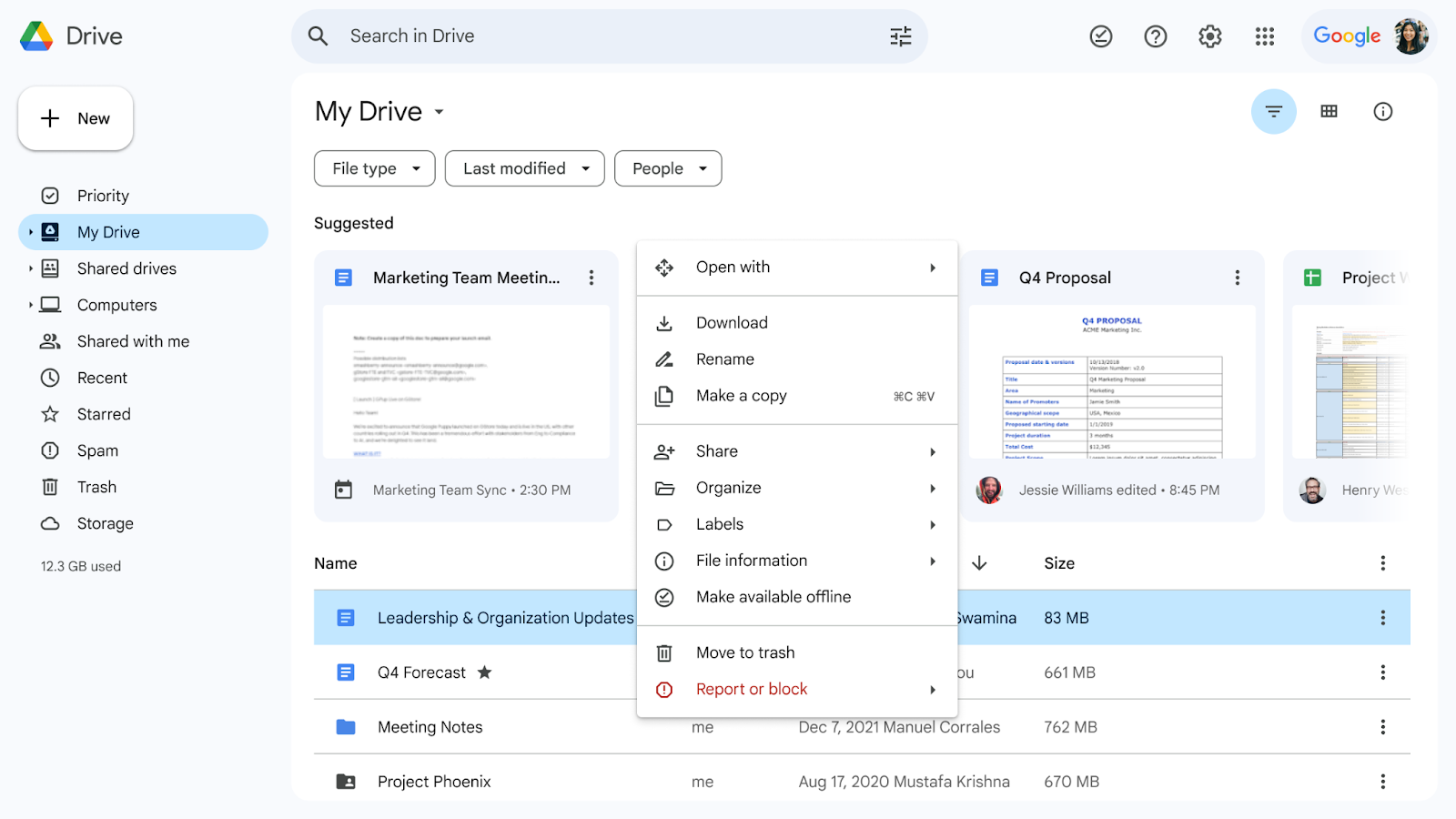 Google Drive file menu opened to show the new organization and subsections.