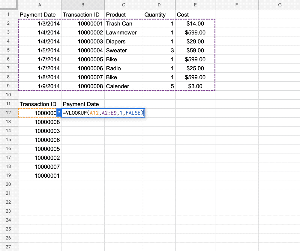 Animated GIF of cursor typing a formula in a cell in Google Sheets and Google suggesting a formula edit.