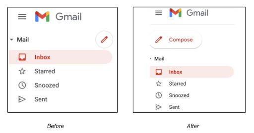 Comparison of the old and new Gmail compose buttons.