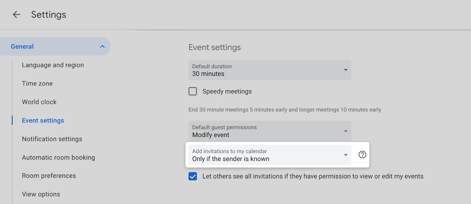 Google Calendar Settings, "Add invitations to my calendar" option highlighted