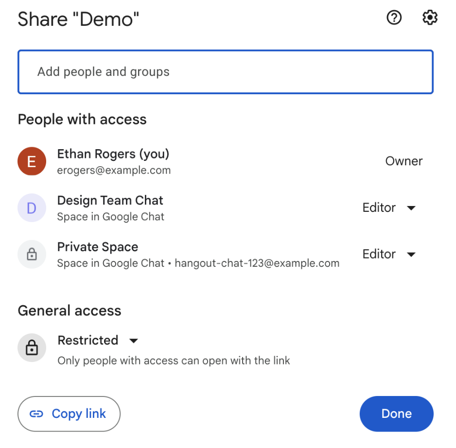 File sharing dialog box in Drive showing two Google Chat spaces as shared on the file