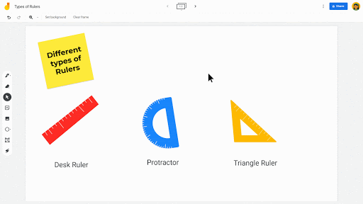 GIF, web interface for Jamboard, open on an example Jam showing different types of rulers. Cursor moves and clicks the three dots icon in top right corner and selects "See version history"