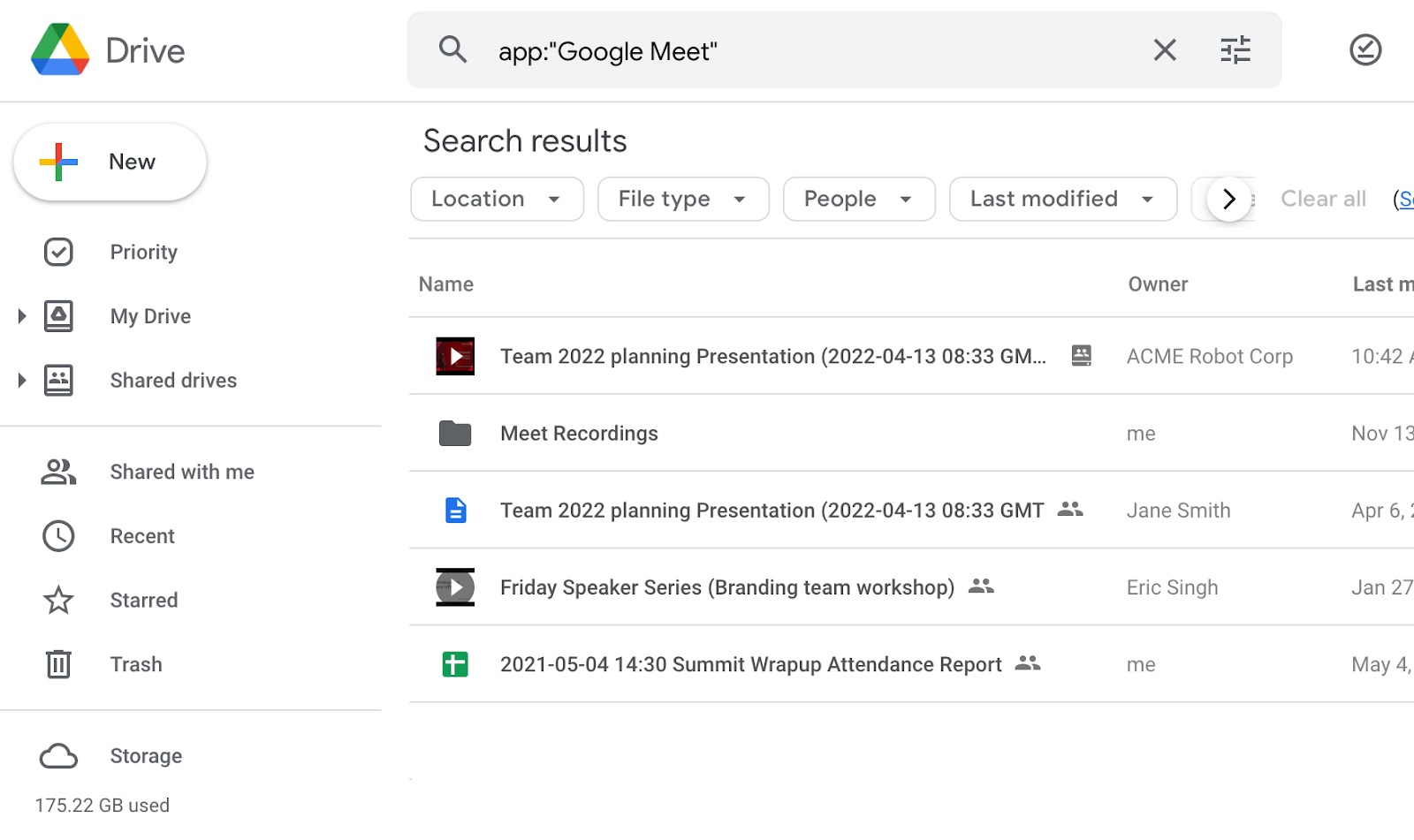 Google Drive search results for Meet content