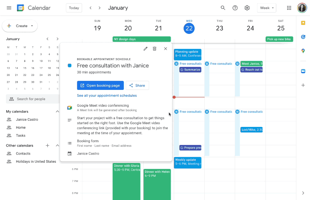 Google Calendar and the new Share your booking page dialog