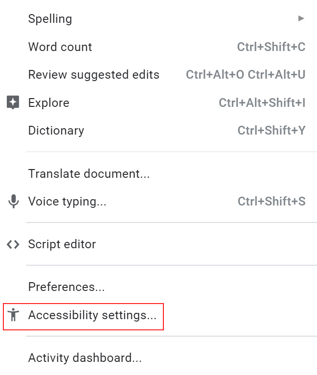 Google accessibility settings dropdown access
